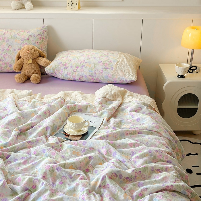 91家纺网 家纺一手货源 找家纺 Mata蔓塔家 2025新款春夏季蕾丝包边夏被三件套四件套 彩绘