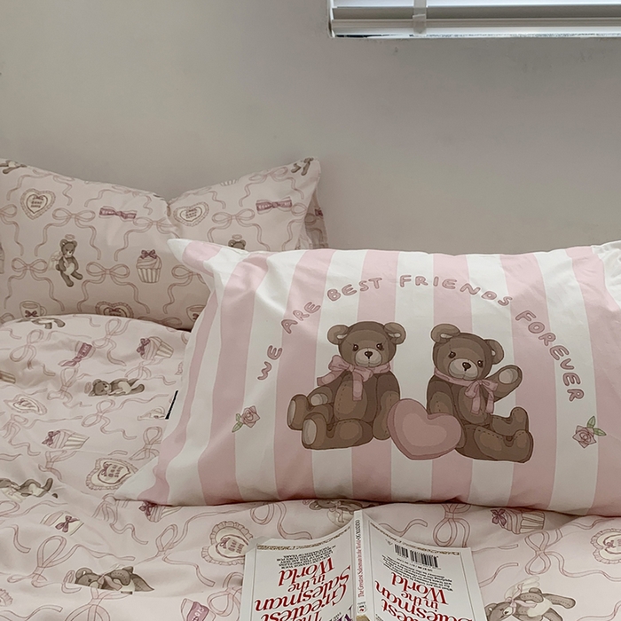 91家纺网 家纺一手货源 找家纺 柚可家居 2024新款40支纯棉活性印花四件套-小熊系列-实拍图第二组 丝带小熊 白格