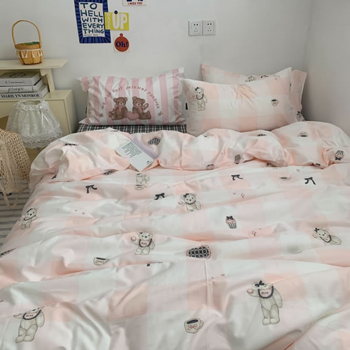 91家纺网 家纺一手货源 找家纺 柚可家居 2024新款40支纯棉活性印花四件套-小熊系列-实拍图第二组 糖果小熊 黑格