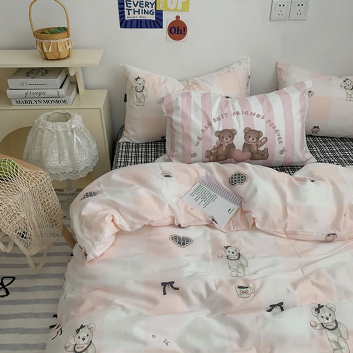 91家纺网 家纺一手货源 找家纺 柚可家居 2024新款40支纯棉活性印花四件套-小熊系列-实拍图第二组 糖果小熊 黑格