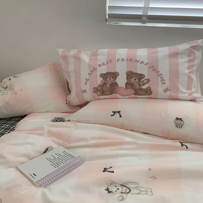 91家纺网 家纺一手货源 找家纺 柚可家居 2024新款40支纯棉活性印花四件套-小熊系列-实拍图第二组 糖果小熊 黑格