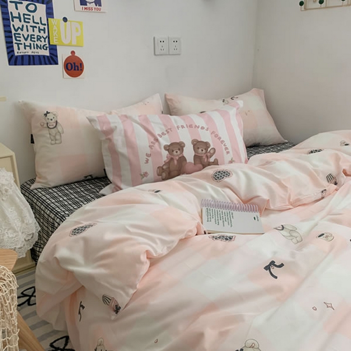 91家纺网 家纺一手货源 找家纺 柚可家居 2024新款40支纯棉活性印花四件套-小熊系列-实拍图第二组 糖果小熊 黑格