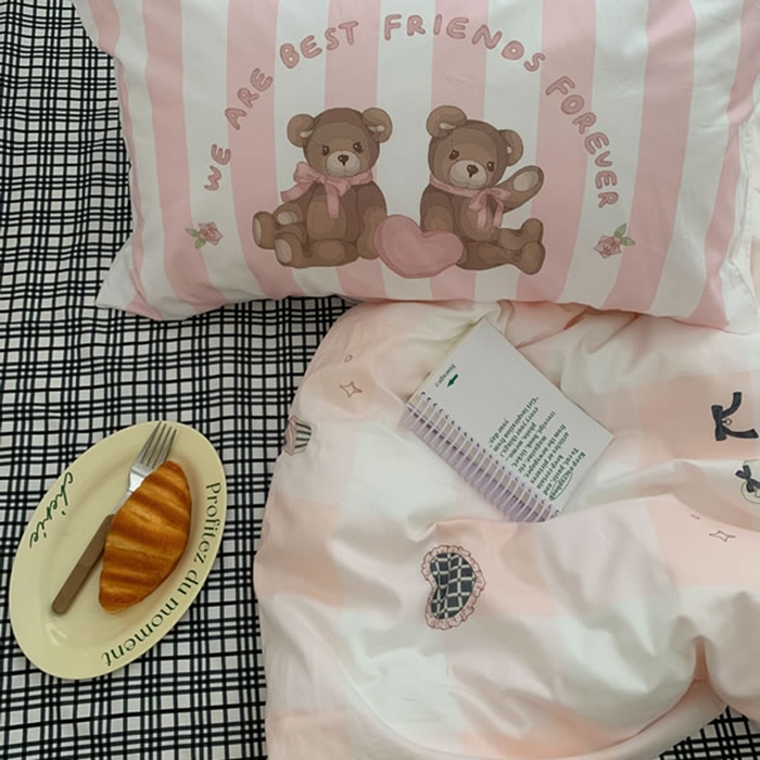 91家纺网 家纺一手货源 找家纺 柚可家居 2024新款40支纯棉活性印花四件套-小熊系列-实拍图第二组 糖果小熊 黑格