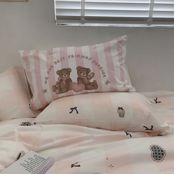 91家纺网 家纺一手货源 找家纺 柚可家居 2024新款40支纯棉活性印花四件套-小熊系列-实拍图第二组 糖果小熊 黑格