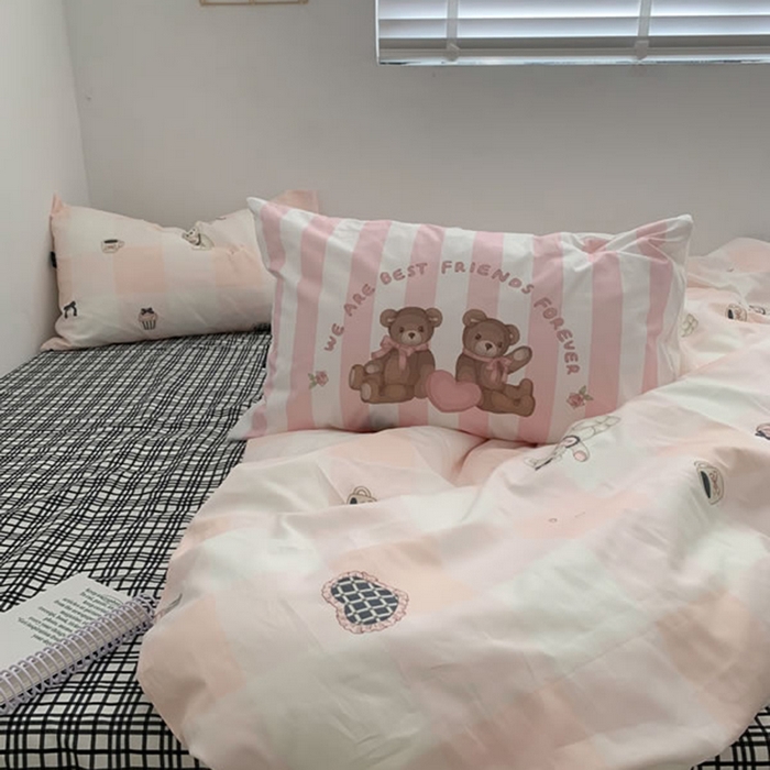 91家纺网 家纺一手货源 找家纺 柚可家居 2024新款40支纯棉活性印花四件套-小熊系列-实拍图第二组 糖果小熊 黑格