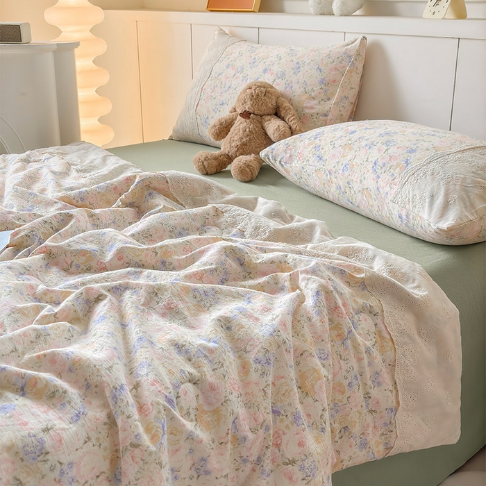 91家纺网 家纺一手货源 找家纺 Mata蔓塔家 2025新款春夏季蕾丝包边夏被三件套四件套 夏末玫瑰