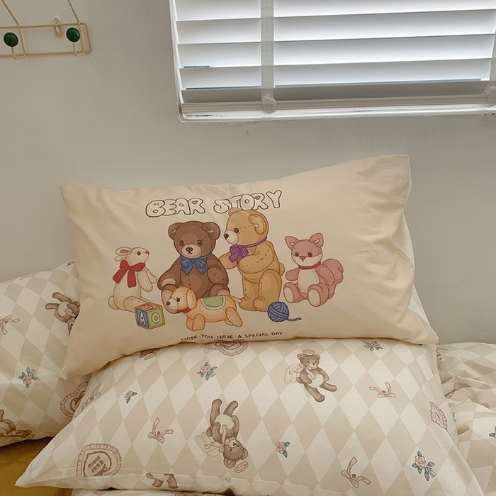 91家纺网 家纺一手货源 找家纺 柚可家居 2024新款40支纯棉活性印花四件套-小熊系列-实拍图第二组 天使小熊 肌理黄