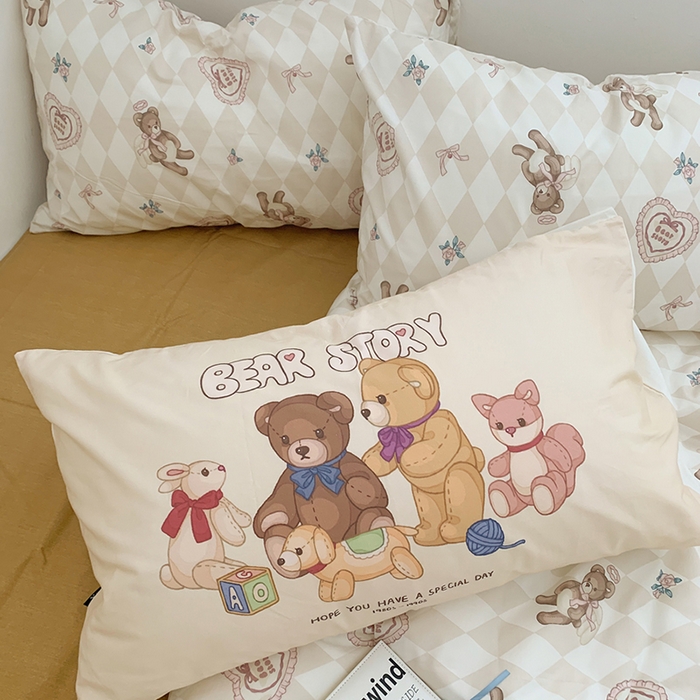 91家纺网 家纺一手货源 找家纺 柚可家居 2024新款40支纯棉活性印花四件套-小熊系列-实拍图第二组 天使小熊 肌理黄