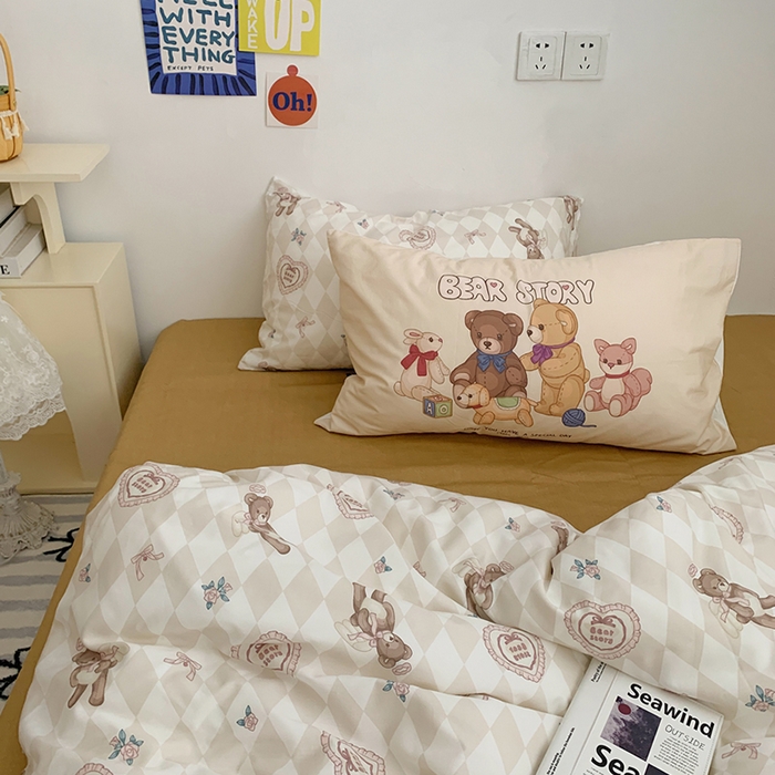 91家纺网 家纺一手货源 找家纺 柚可家居 2024新款40支纯棉活性印花四件套-小熊系列-实拍图第二组 天使小熊 肌理黄