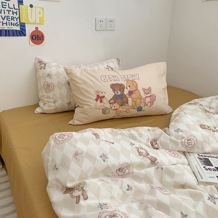 91家纺网 家纺一手货源 找家纺 柚可家居 2024新款40支纯棉活性印花四件套-小熊系列-实拍图第二组 天使小熊 肌理黄