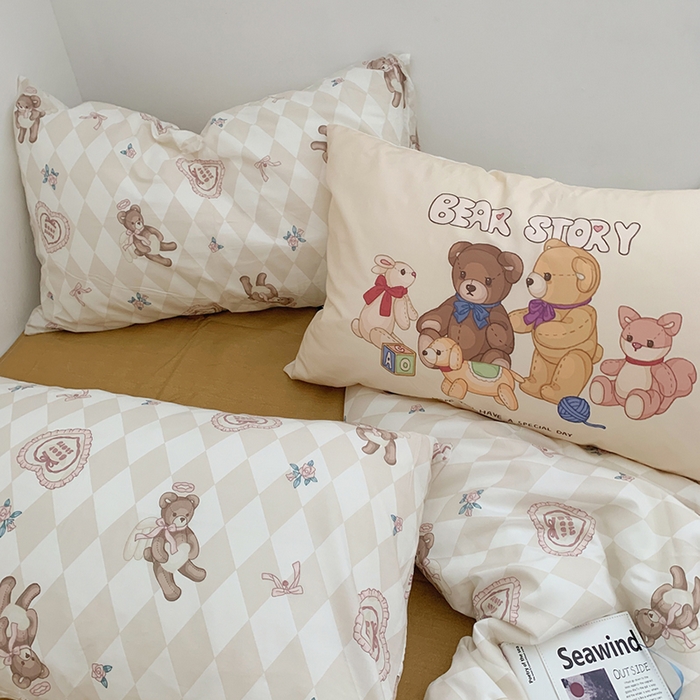 91家纺网 家纺一手货源 找家纺 柚可家居 2024新款40支纯棉活性印花四件套-小熊系列-实拍图第二组 天使小熊 肌理黄