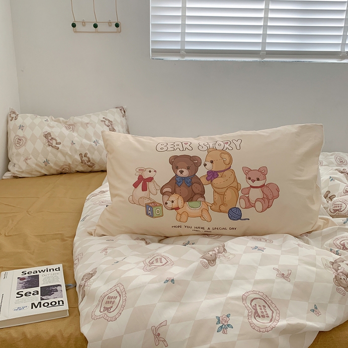 91家纺网 家纺一手货源 找家纺 柚可家居 2024新款40支纯棉活性印花四件套-小熊系列-实拍图第二组 天使小熊 肌理黄