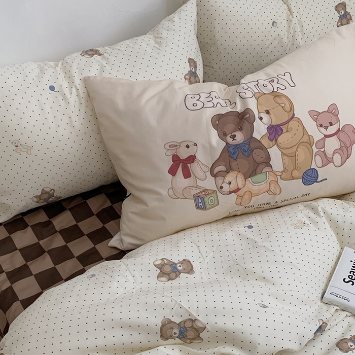 91家纺网 家纺一手货源 找家纺 柚可家居 2024新款40支纯棉活性印花四件套-小熊系列-实拍图第二组 玩具熊乐园 咖格