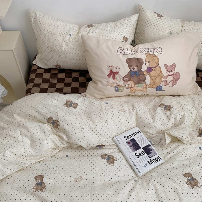 91家纺网 家纺一手货源 找家纺 柚可家居 2024新款40支纯棉活性印花四件套-小熊系列-实拍图第二组 玩具熊乐园 咖格