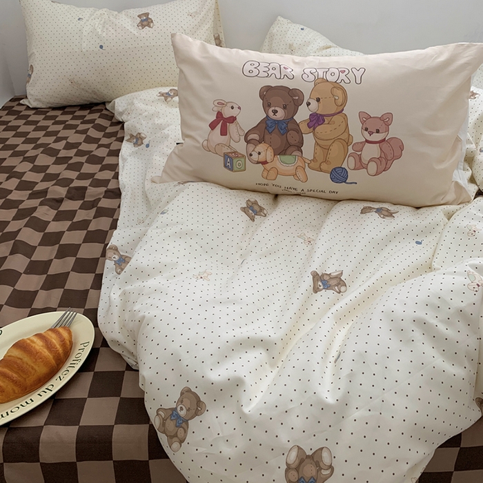 91家纺网 家纺一手货源 找家纺 柚可家居 2024新款40支纯棉活性印花四件套-小熊系列-实拍图第二组 玩具熊乐园 咖格