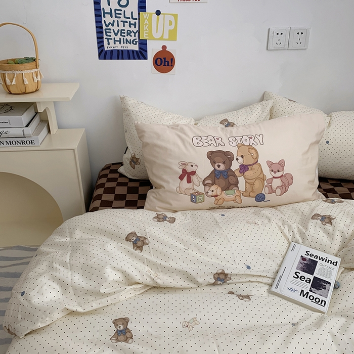 91家纺网 家纺一手货源 找家纺 柚可家居 2024新款40支纯棉活性印花四件套-小熊系列-实拍图第二组 玩具熊乐园 咖格