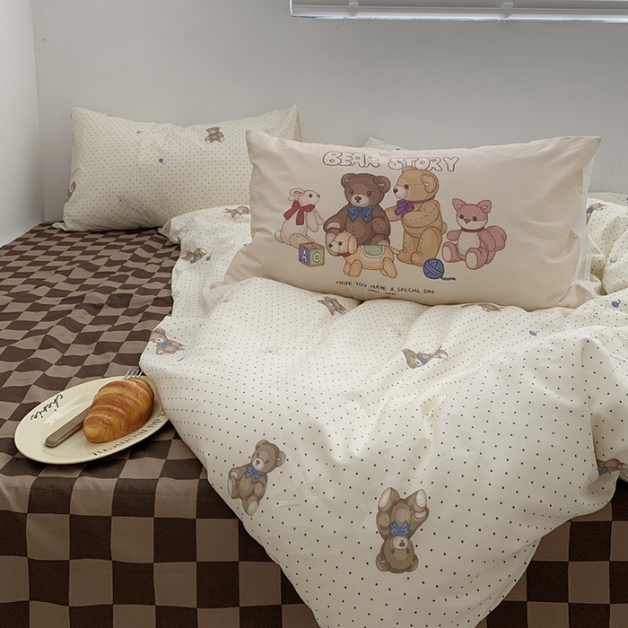 91家纺网 家纺一手货源 找家纺 柚可家居 2024新款40支纯棉活性印花四件套-小熊系列-实拍图第二组 玩具熊乐园 咖格