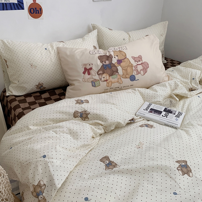 91家纺网 家纺一手货源 找家纺 柚可家居 2024新款40支纯棉活性印花四件套-小熊系列-实拍图第二组 玩具熊乐园 咖格