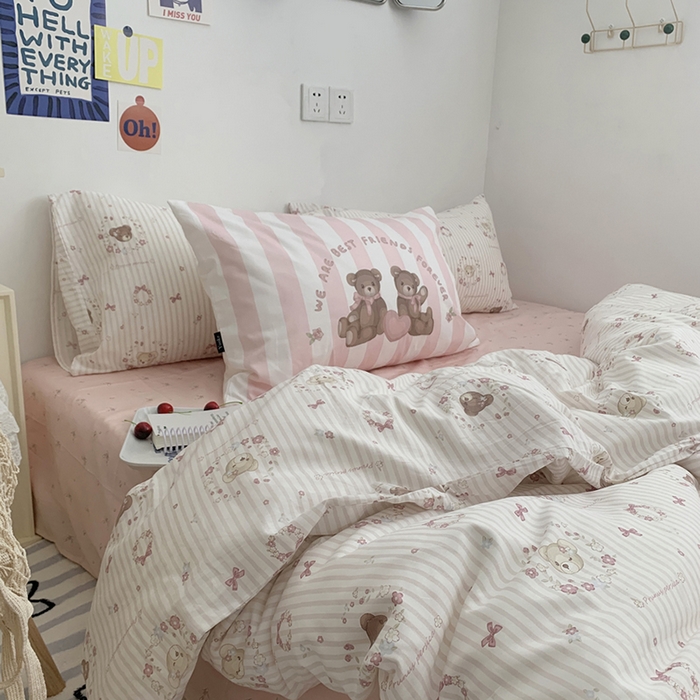 柚可家居 2024新款40支纯棉活性印花四件套-小熊系列-实拍图第二组 小熊花花 蝴蝶结粉