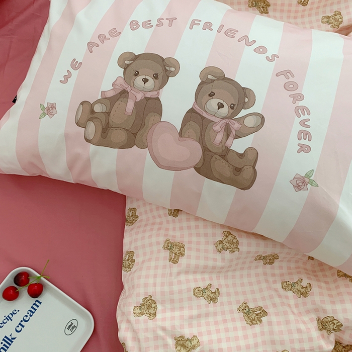 91家纺网 家纺一手货源 找家纺 柚可家居 2024新款40支纯棉活性印花四件套-小熊系列-实拍图第二组 潮流派粉 枣红