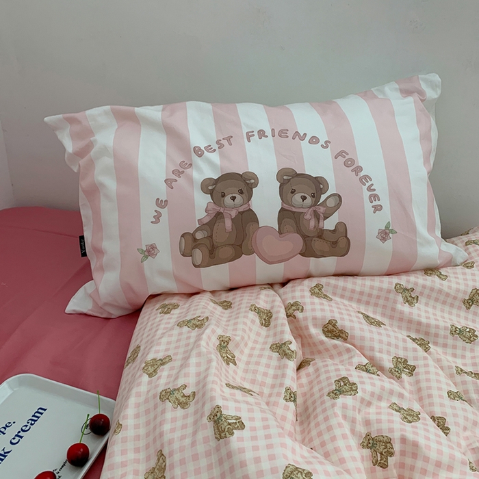 91家纺网 家纺一手货源 找家纺 柚可家居 2024新款40支纯棉活性印花四件套-小熊系列-实拍图第二组 潮流派粉 枣红