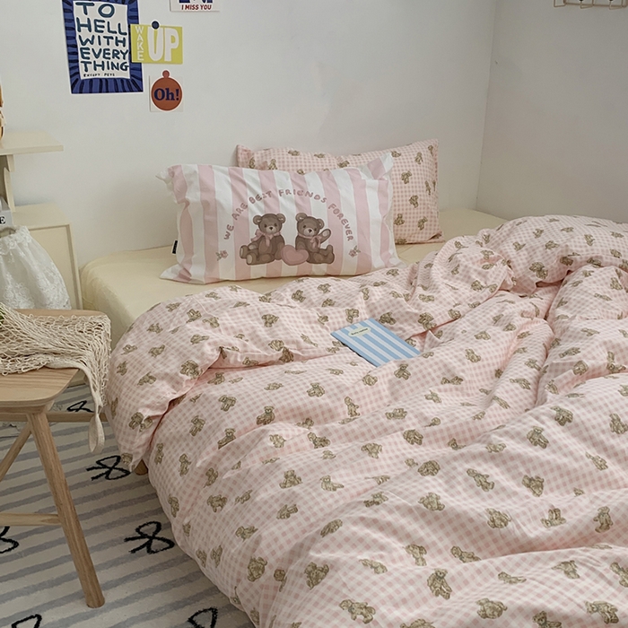 柚可家居 2024新款40支纯棉活性印花四件套-小熊系列-实拍图第二组 潮流派粉 闪光米