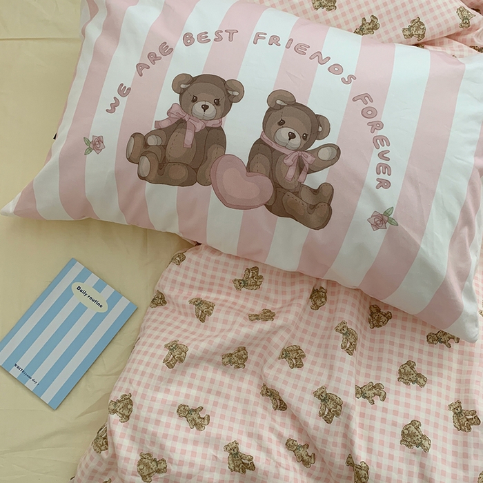 91家纺网 家纺一手货源 找家纺 柚可家居 2024新款40支纯棉活性印花四件套-小熊系列-实拍图第二组 潮流派粉 闪光米