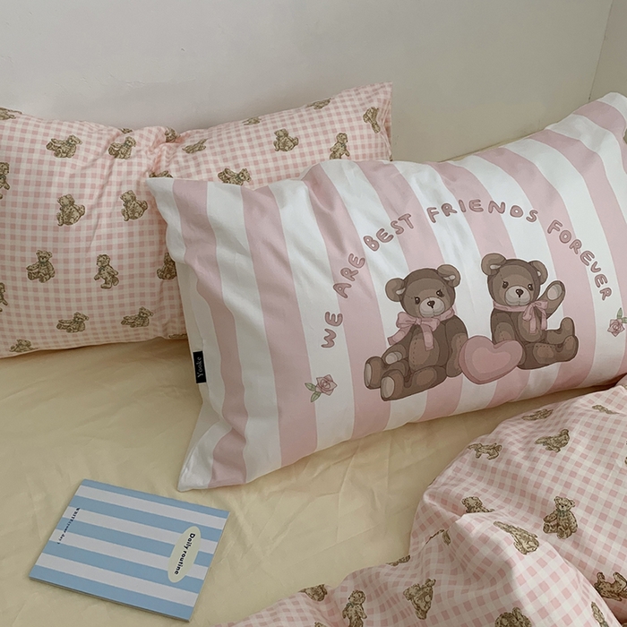 91家纺网 家纺一手货源 找家纺 柚可家居 2024新款40支纯棉活性印花四件套-小熊系列-实拍图第二组 潮流派粉 闪光米