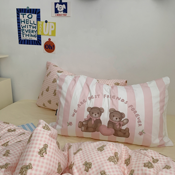 91家纺网 家纺一手货源 找家纺 柚可家居 2024新款40支纯棉活性印花四件套-小熊系列-实拍图第二组 潮流派粉 闪光米