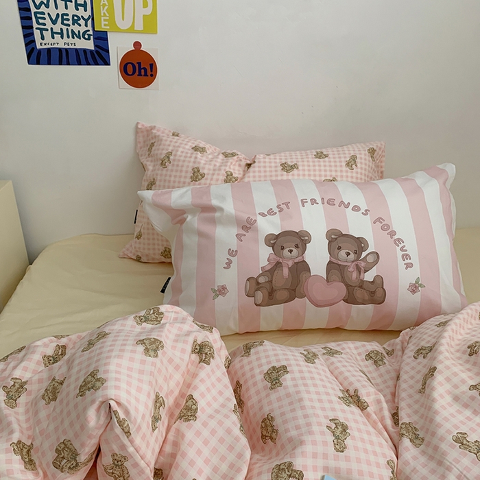 91家纺网 家纺一手货源 找家纺 柚可家居 2024新款40支纯棉活性印花四件套-小熊系列-实拍图第二组 潮流派粉 闪光米