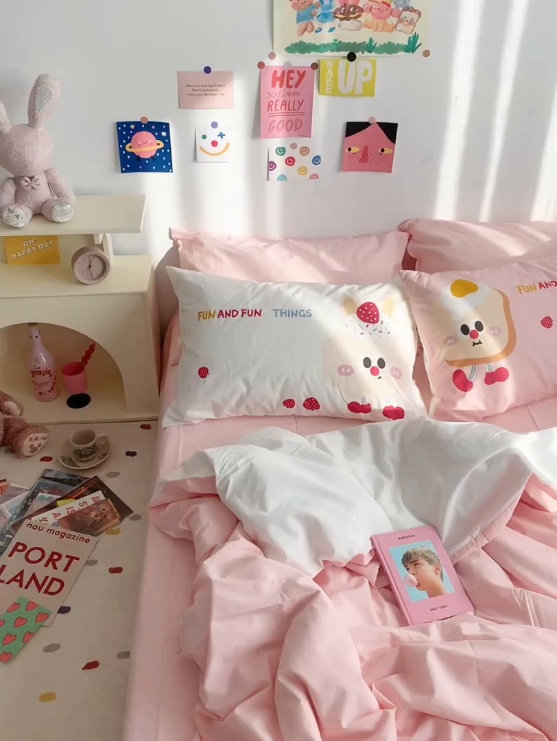 91家纺网 家纺一手货源 找家纺 柚可家居 2024新款定版枕套水洗棉四件套 草莓芝士 粉白+粉