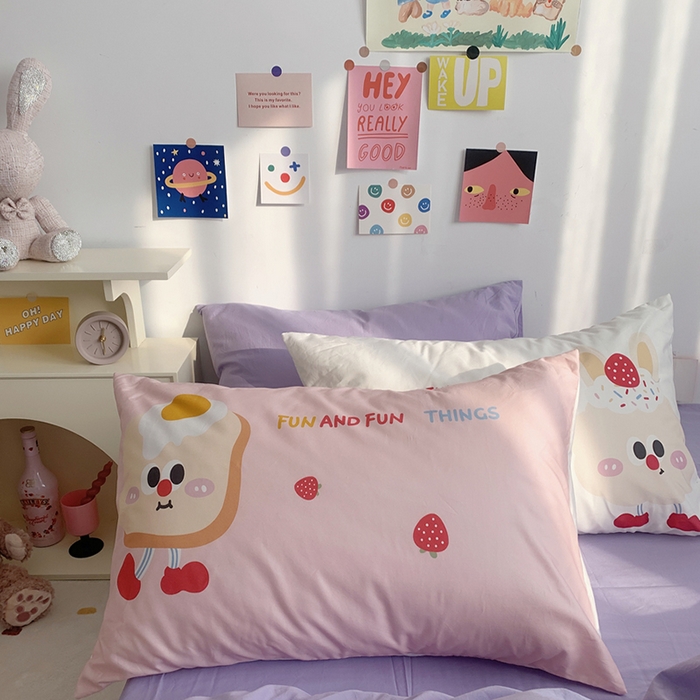 91家纺网 家纺一手货源 找家纺 柚可家居 2024新款定版枕套水洗棉四件套 草莓芝士 粉紫+紫