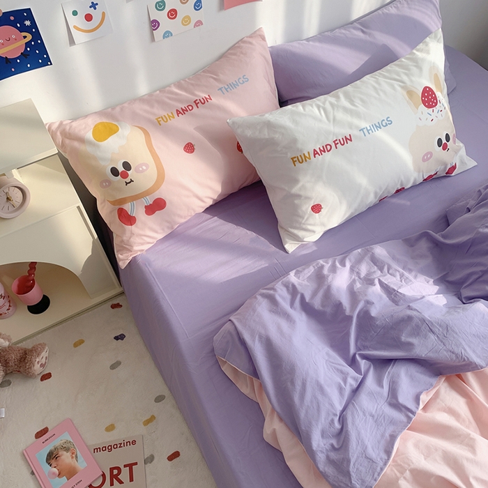 91家纺网 家纺一手货源 找家纺 柚可家居 2024新款定版枕套水洗棉四件套 草莓芝士 粉紫+紫