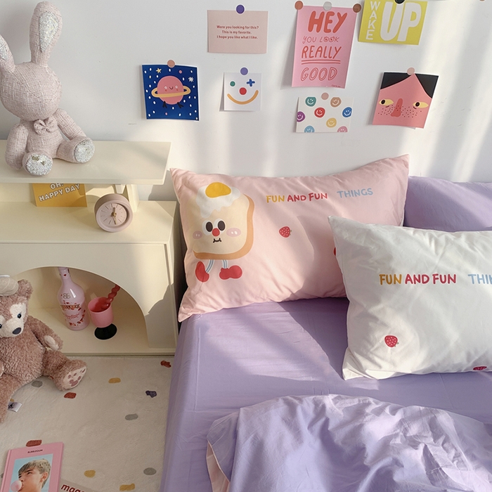 91家纺网 家纺一手货源 找家纺 柚可家居 2024新款定版枕套水洗棉四件套 草莓芝士 粉紫+紫