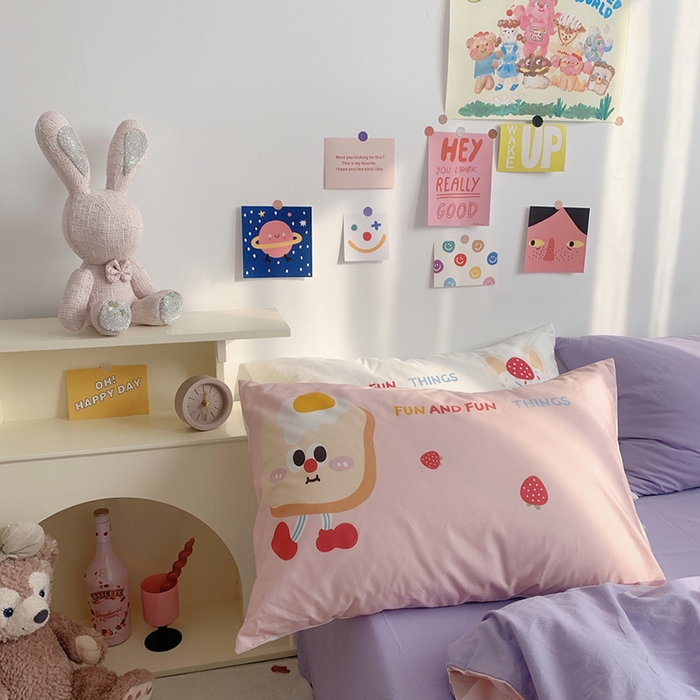 91家纺网 家纺一手货源 找家纺 柚可家居 2024新款定版枕套水洗棉四件套 草莓芝士 粉紫+紫