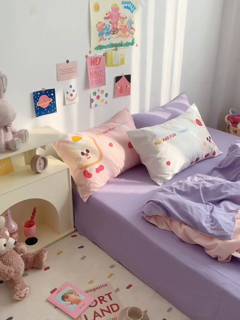 91家纺网 家纺一手货源 找家纺 柚可家居 2024新款定版枕套水洗棉四件套 草莓芝士 粉紫+紫