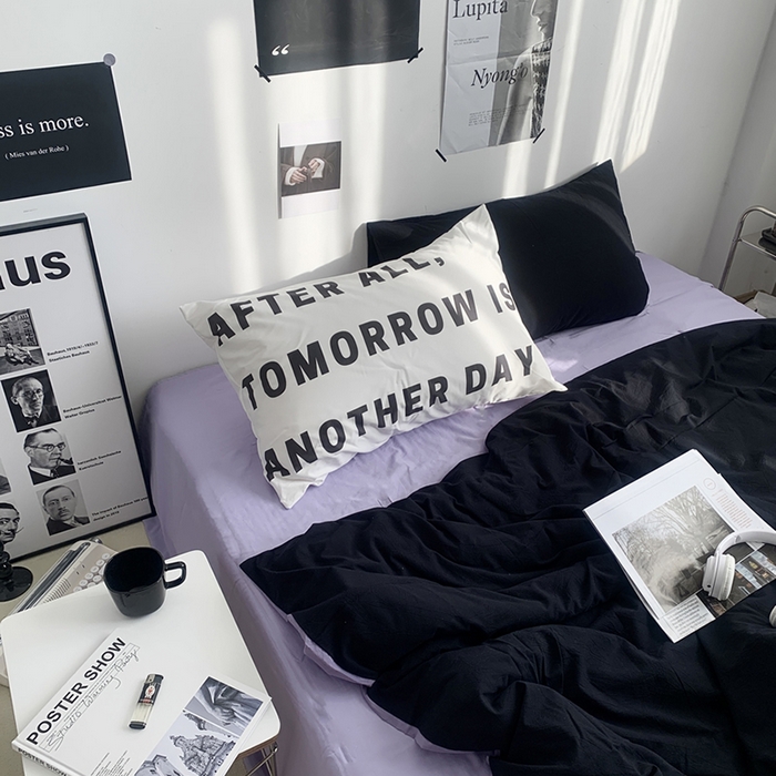 91家纺网 家纺一手货源 找家纺 柚可家居 2024新款定版枕套水洗棉四件套 蒂克 黑紫+紫