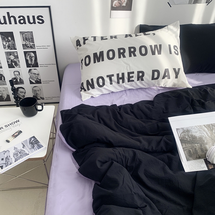 91家纺网 家纺一手货源 找家纺 柚可家居 2024新款定版枕套水洗棉四件套 蒂克 黑紫+紫