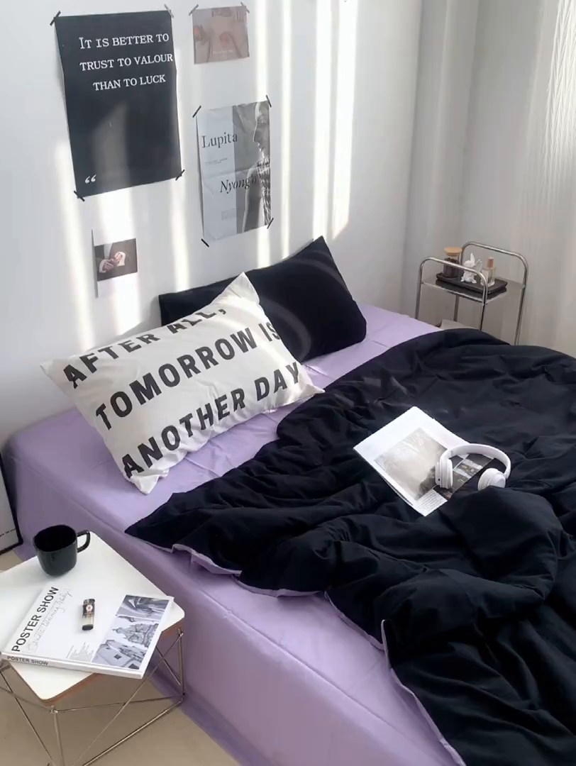 91家纺网 家纺一手货源 找家纺 柚可家居 2024新款定版枕套水洗棉四件套 蒂克 黑紫+紫