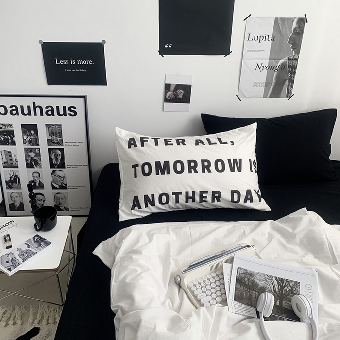 91家纺网 家纺一手货源 找家纺 柚可家居 2024新款定版枕套水洗棉四件套 黑白柏林