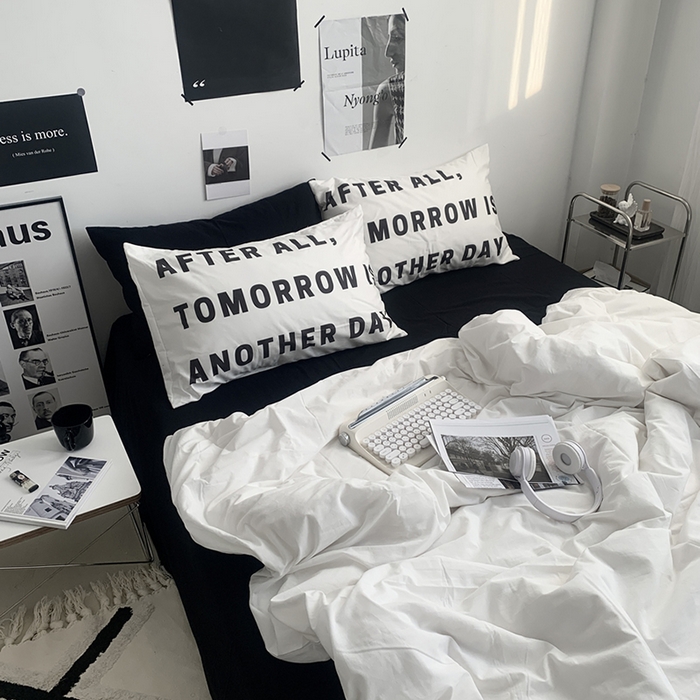 91家纺网 家纺一手货源 找家纺 柚可家居 2024新款定版枕套水洗棉四件套 黑白柏林