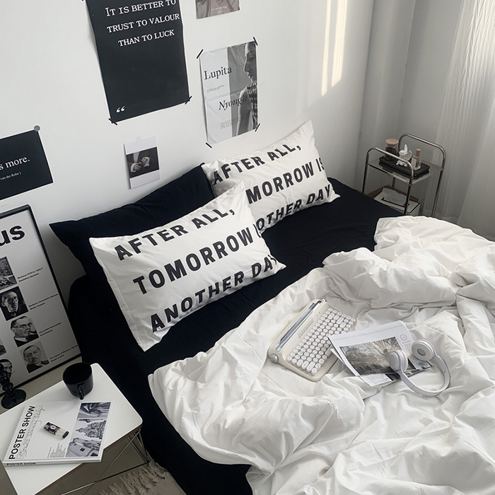 91家纺网 家纺一手货源 找家纺 柚可家居 2024新款定版枕套水洗棉四件套 黑白柏林