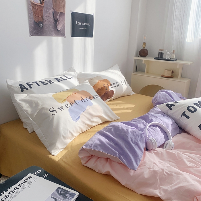 91家纺网 家纺一手货源 找家纺 柚可家居 2024新款定版枕套水洗棉四件套 美式奶泡 粉紫+黄