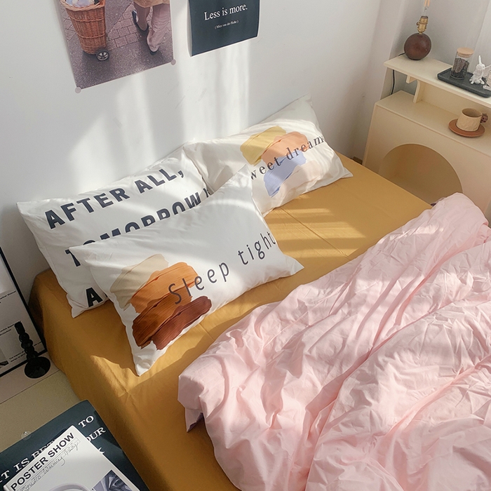 91家纺网 家纺一手货源 找家纺 柚可家居 2024新款定版枕套水洗棉四件套 美式奶泡 粉紫+黄