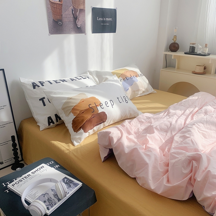 91家纺网 家纺一手货源 找家纺 柚可家居 2024新款定版枕套水洗棉四件套 美式奶泡 粉紫+黄