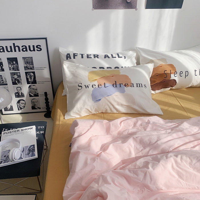91家纺网 家纺一手货源 找家纺 柚可家居 2024新款定版枕套水洗棉四件套 美式奶泡 粉紫+黄