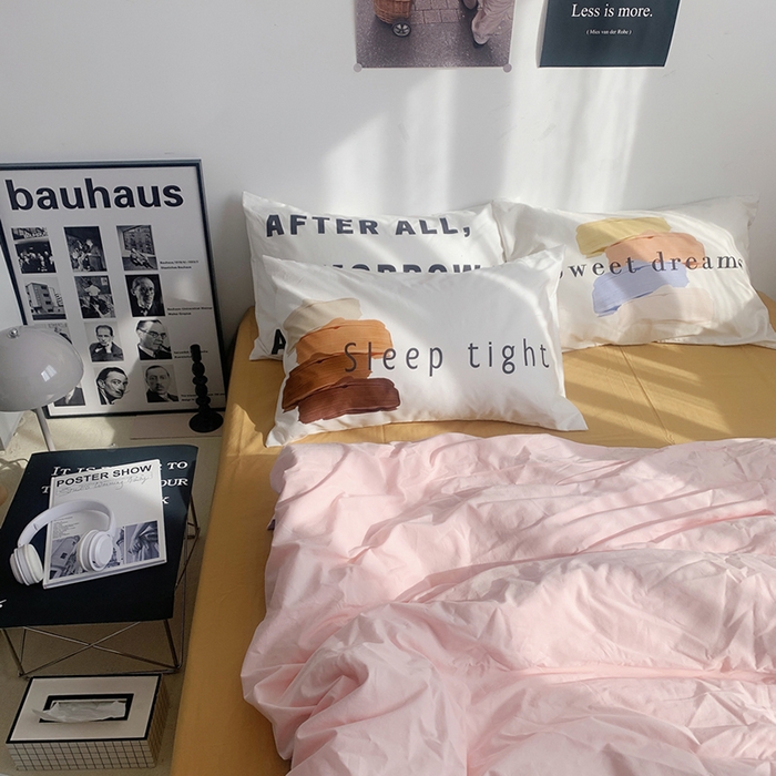 91家纺网 家纺一手货源 找家纺 柚可家居 2024新款定版枕套水洗棉四件套 美式奶泡 粉紫+黄