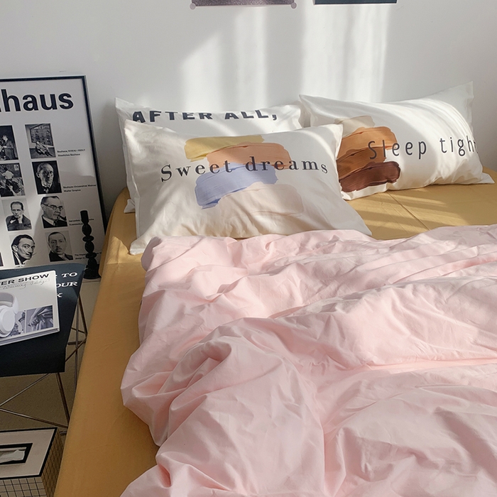 91家纺网 家纺一手货源 找家纺 柚可家居 2024新款定版枕套水洗棉四件套 美式奶泡 粉紫+黄