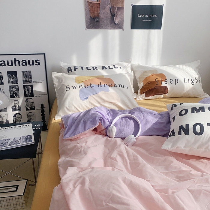 91家纺网 家纺一手货源 找家纺 柚可家居 2024新款定版枕套水洗棉四件套 美式奶泡 粉紫+黄