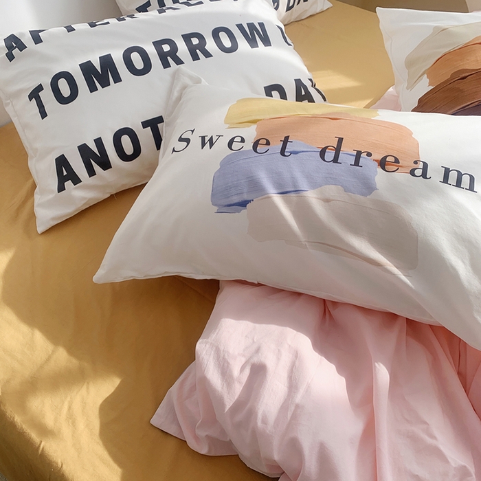 91家纺网 家纺一手货源 找家纺 柚可家居 2024新款定版枕套水洗棉四件套 美式奶泡 粉紫+黄